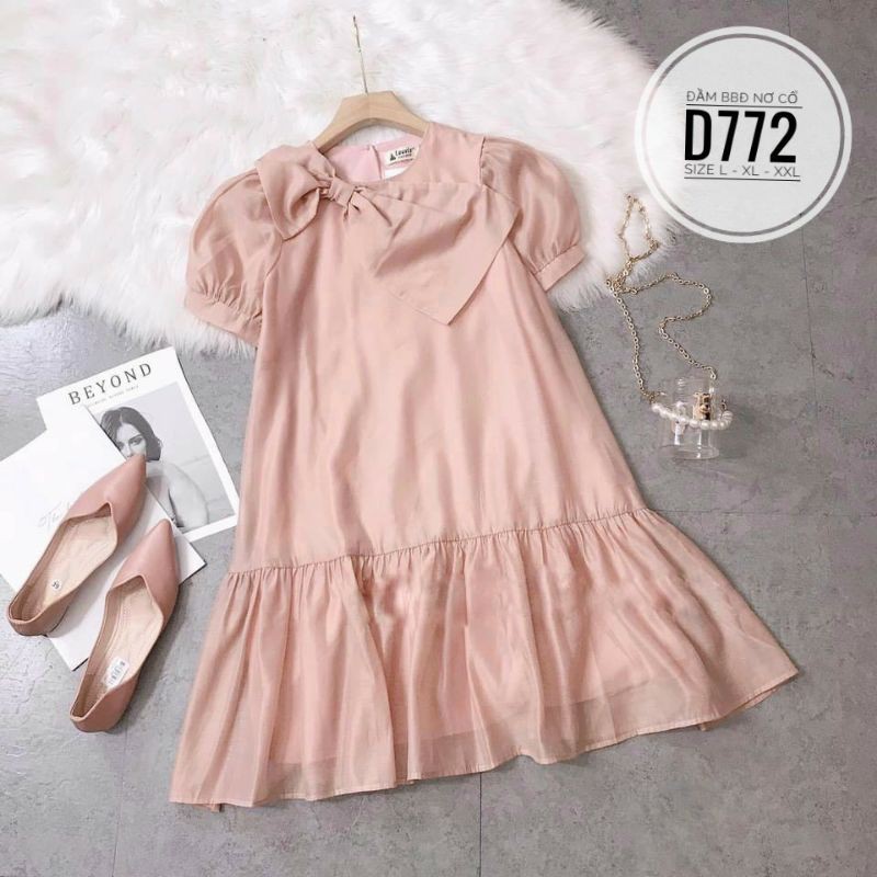 Đầm babydoll big size nơ cổ vải tơ ánh kim từ 60kg-90kg