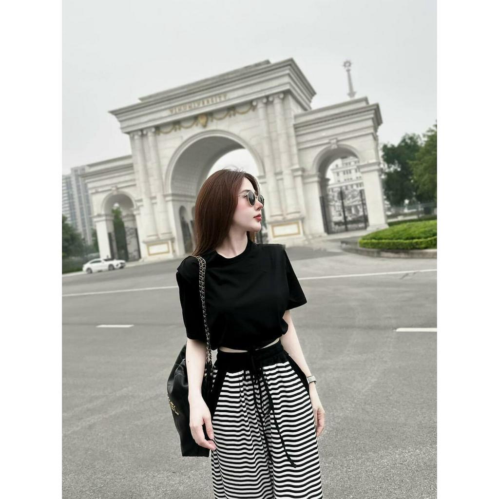 Sét Bộ thun Gân Aó Croptop Tay Ngắn Mix Quần Sọc ống Rộng Có Túi Phong Cách Trẻ Trung Năng Động
