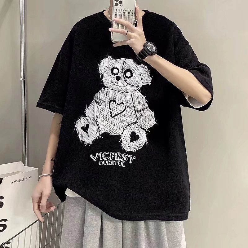 Áo Thun Tay Ngắn Cổ Tròn Dáng Rộng In Hình Gấu Hoạt Hình Phong Cách Hàn Quốc Thời Trang Mùa Hè Cho Nam M-8XL