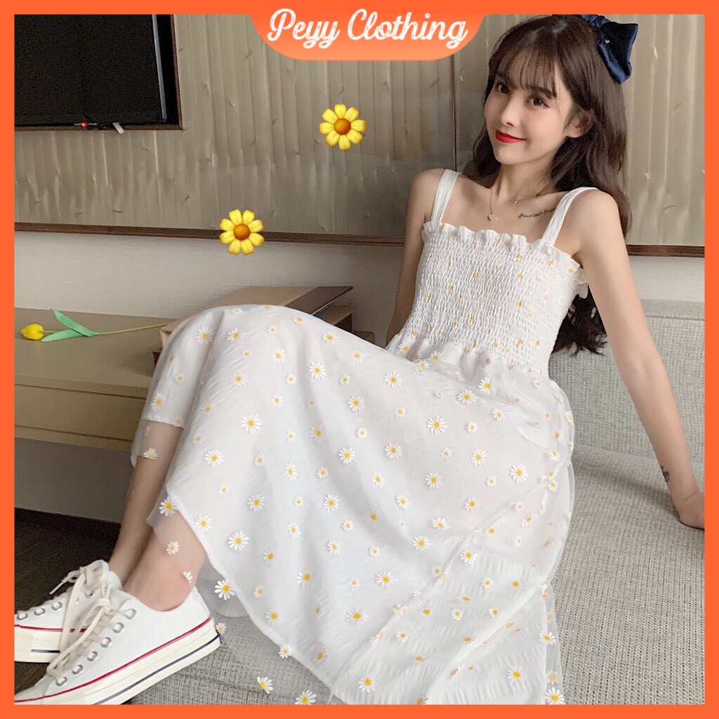Váy 2 dây dáng dài trắng bánh bèo hoa cúc vintage, váy hai dây bản to phong cách ulzzang Hàn Quốc V07 - Peyy Clothing