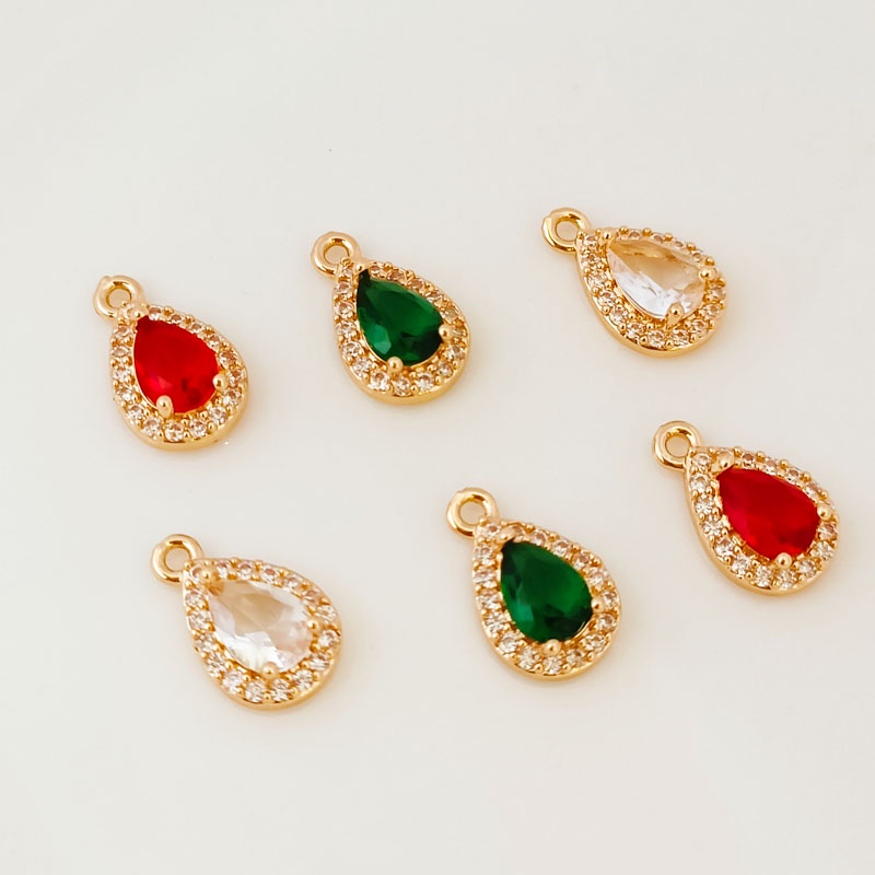Charm mặt dây chuyền hình giọt nước bằng đồng mạ vàng trắng 14K đính đá Zircon màu sắc đỏ/xanh lá/trắng