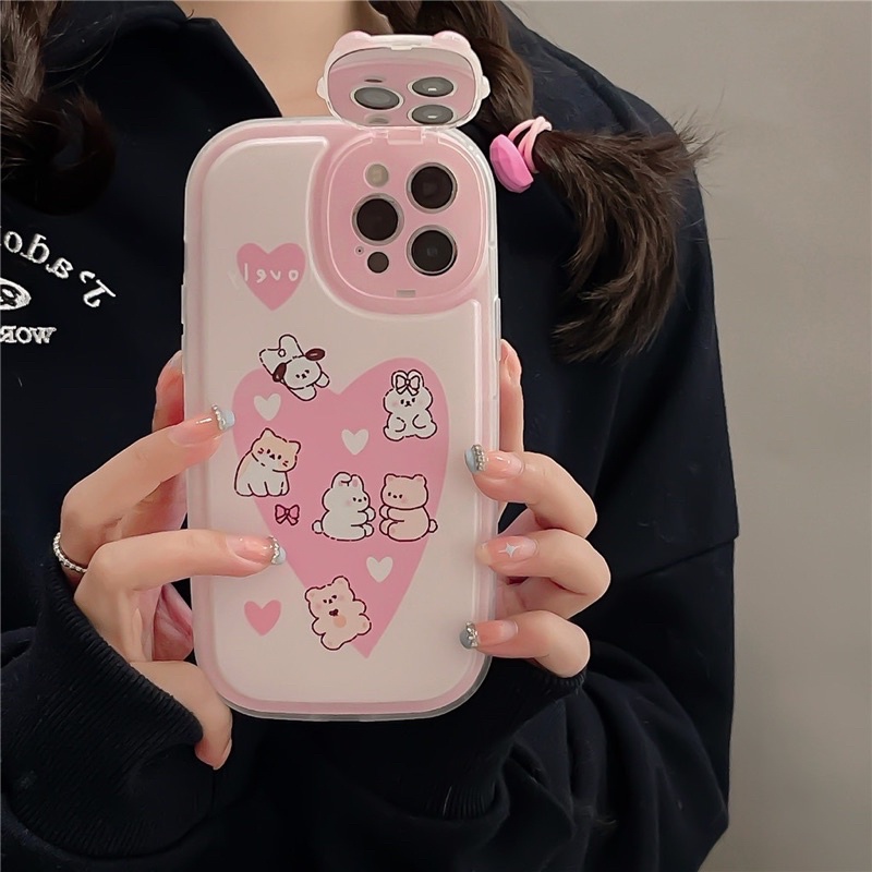Ốp lưng iphone mềm dẻo viền bo tròn chống sốc gương che bảo vệ camera hoạt hình màu hồng cute