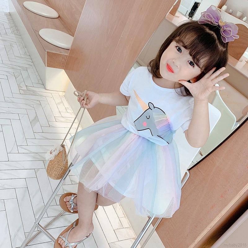 MYBABY Baby Girls Cartoon Print Flashing Shiny Top + Rainbow Gauze Skirt Suit