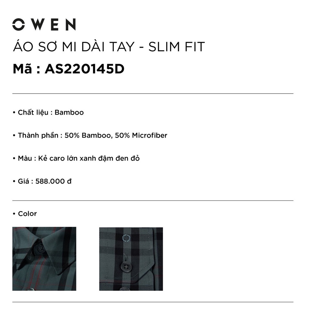 Áo Sơ Mi Nam Dài Tay OWEN AS220145D Somi Công Sở Vải Sợi Tre Cao Cấp Màu Caro Lớn Xanh Đen Đỏ Dáng Suông Tà Lượn Có Túi