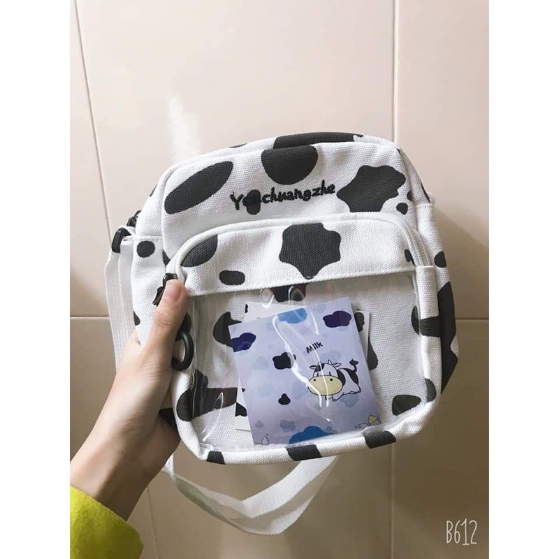 Túi đeo chéo canvas in hình bò sữa phong cách Hàn Quốc
