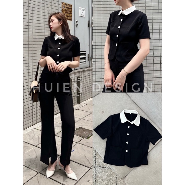 Set đồ nữ sành điệu, thanh lịch hàng thiết kế Huien Design cổ trắng với quần đen ống vảy