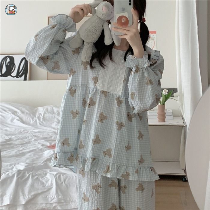 Bộ Đồ Ngủ Dài Tay Dáng Rộng In Hình Gấu Dễ Thương Thời Trang Mùa Xuân Thu Dành Cho Nữ Sinh