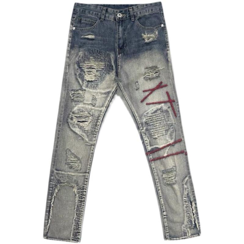 Quần Jeans Dài Rách Gối Phong Cách Retro Đường Phố Cho Nam