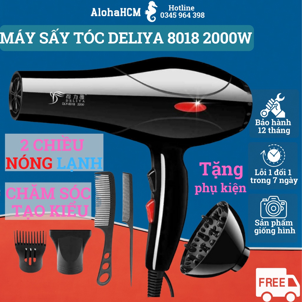 Máy Sấy Tóc Deliya 8018 Công Suất 2200W Có 3 Chiều Nóng, Vừa, Mát, Tặng Kèm 5 Phụ Kiện Tạo Kiểu Tóc