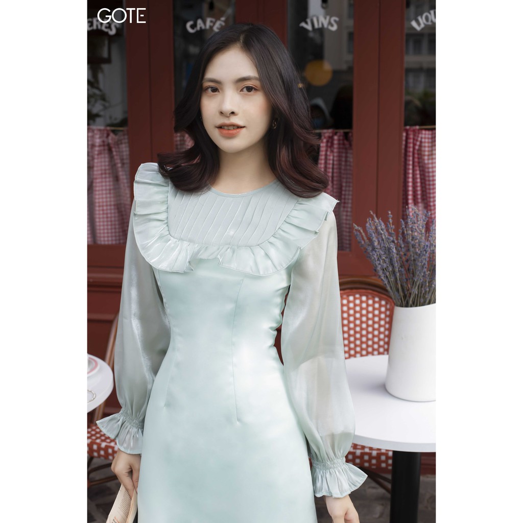 GOTE - Đầm phối organza xanh xếp ly ngực D42GS