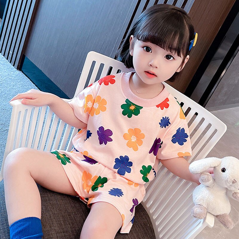 Set Đồ Thể Thao Gồm Áo Thun Cotton In Hoa + Quần Ngắn Mùa Hè Cho Bé Gái 2-7 Tuổi