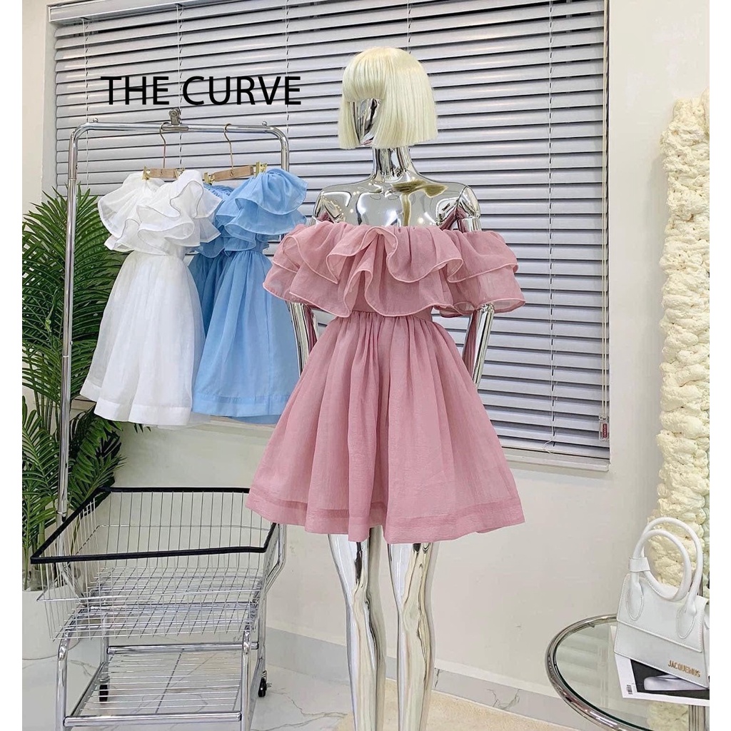 Đầm Trễ Vai Đi Chơi Bèo Tầng Bo Eo Tôn Dáng, Váy Xòe - Vải Xô Xốp + Lót Toàn Thân - 3 Màu Hồng, Trắng, Xanh