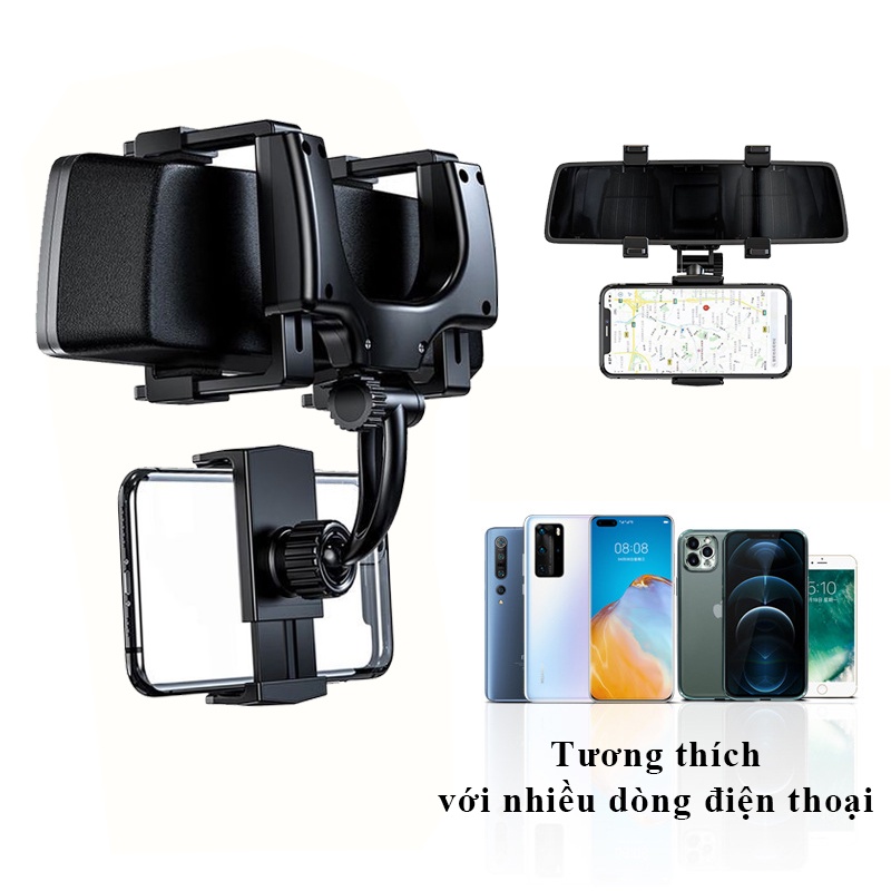 Giá đỡ kẹp điện thoại lên gương chiếu hậu để trên xe hơi ô tô xoay 360 độ chống rung treo đa điểm