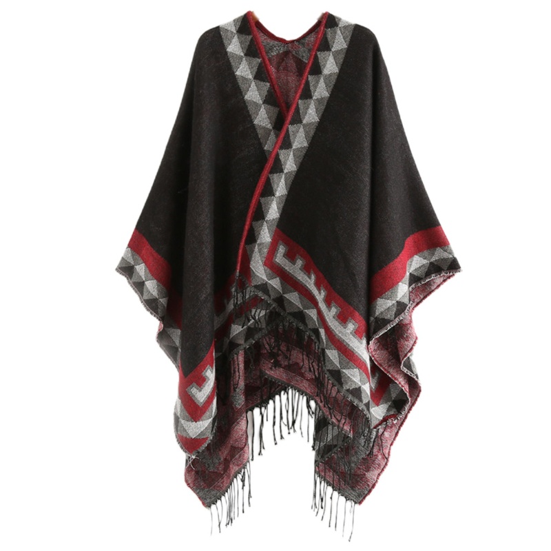 Khăn Choàng Poncho Tua Rua Họa Tiết Hình Học Nhiều Màu Sắc Phong Cách Cổ Điển Thời Trang Mùa Đông Dành Cho Nữ