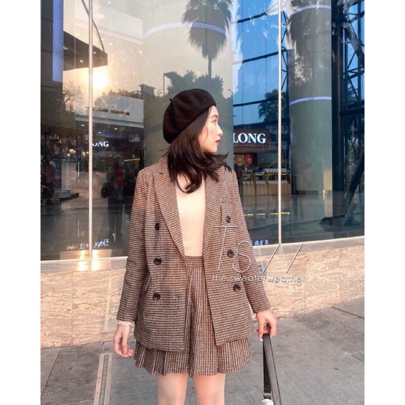 SET ÁO VEST BLAZER KÈM CHÂN VÁY XẾP LY KẺ CARO