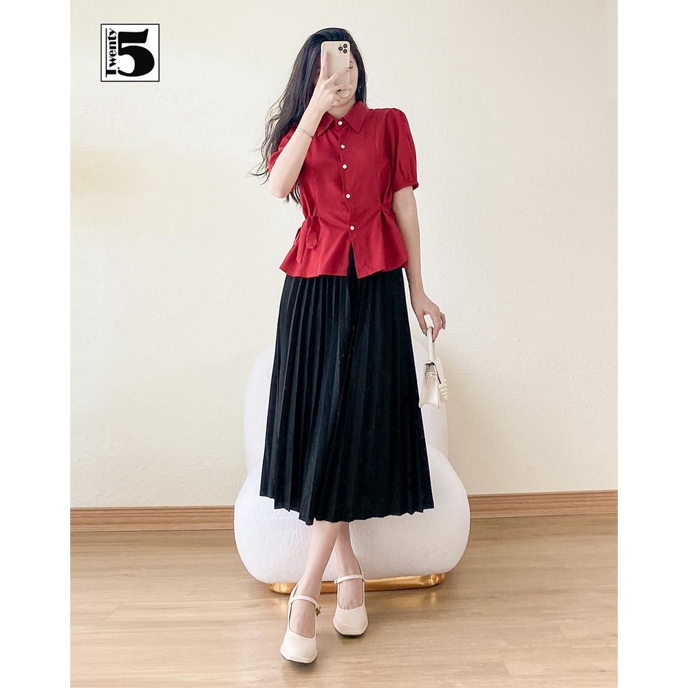 Áo kiểu sơ mi công sở nữ tay bồng dây thắt nơ 2 bên eo Twentyfive TA2