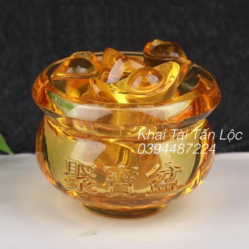 Bộ hũ vàng - bát tụ bảo lưu ly tí hon 5cm và 12 thỏi vàng chiêu tài Lộc
