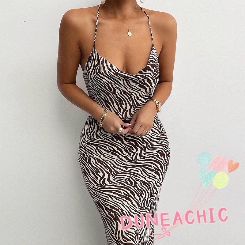 DUNEA Đầm Hai Dây Hở Lưng In Họa Tiết Ngựa Vằn Gợi Cảm Cho Nữ