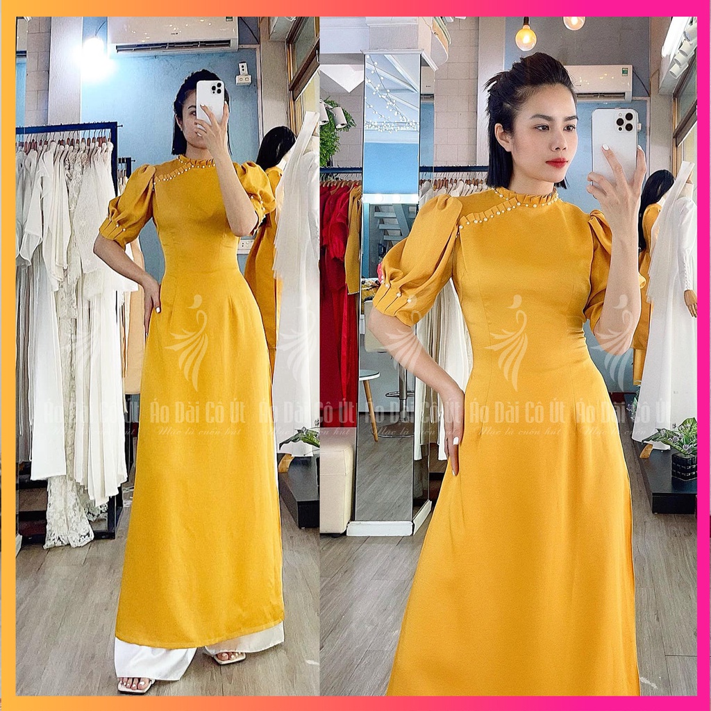 Áo Dài Lụa Tây Thi Cổ Xếp Ly Tay Bồng Đính Hạt Hàng May Sẵn