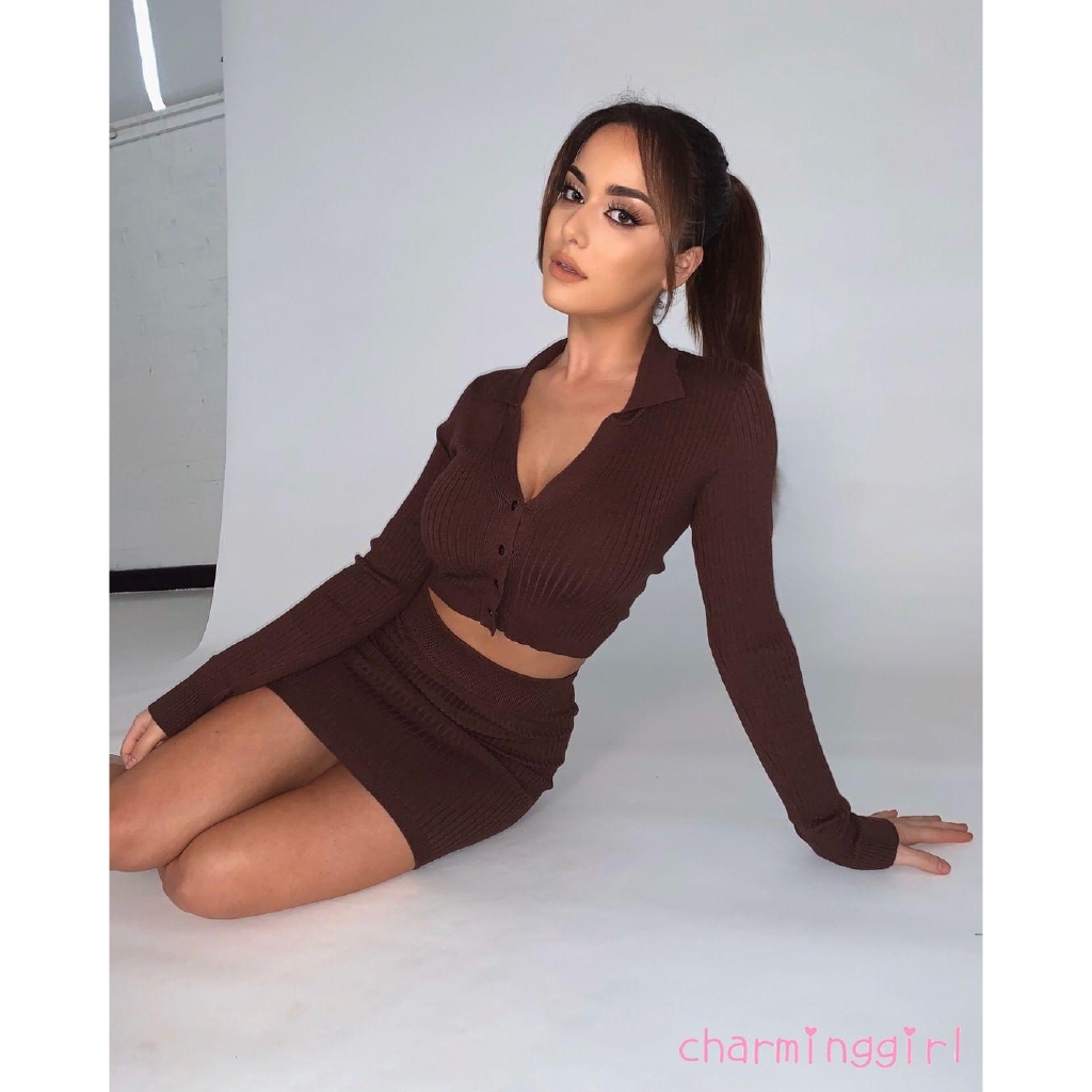 Bộ áo + chân váy sọc dệt kim eo cao sành điệu cho nữ