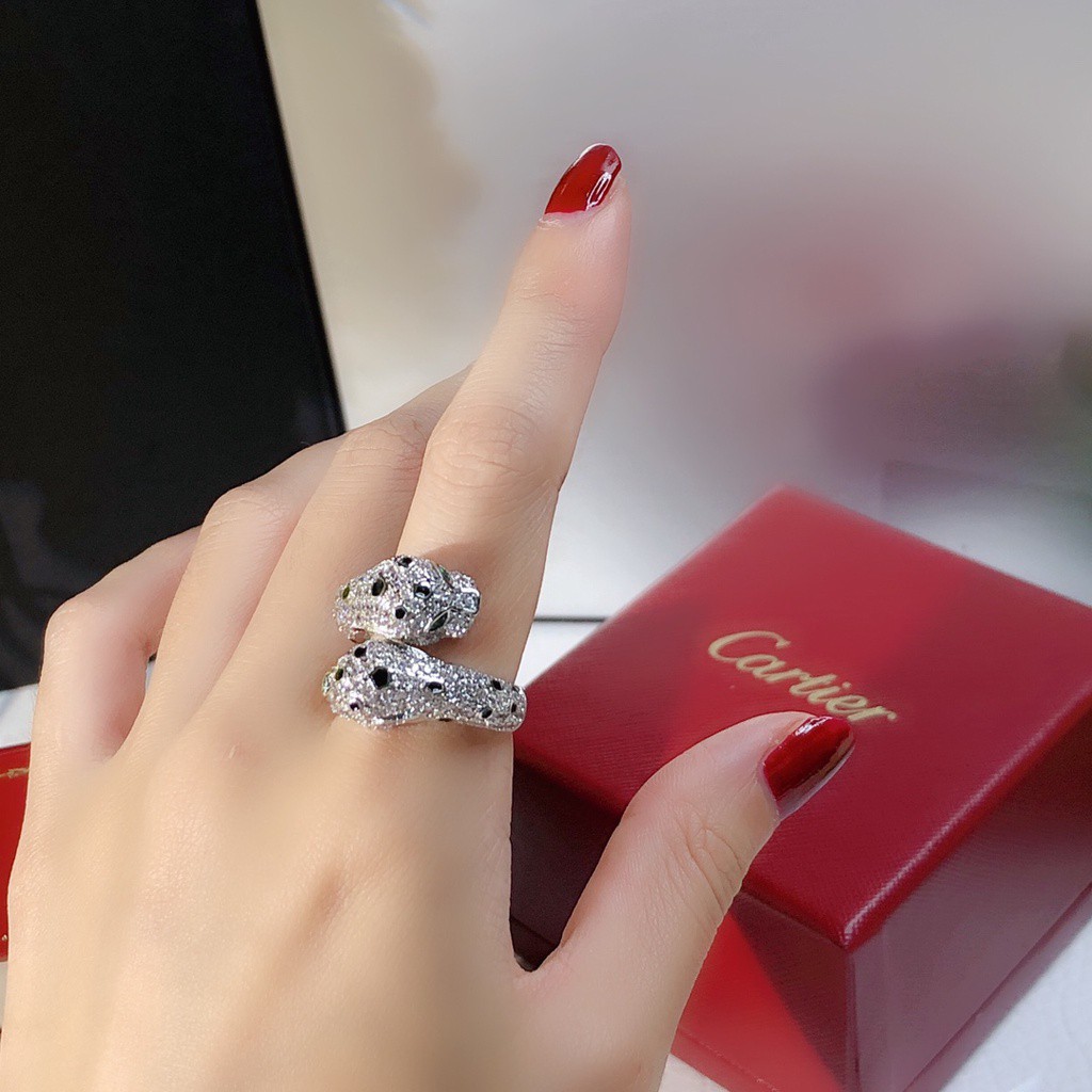 Nhẫn đeo tay kim loại mặt hình đầu báo đính đá thời trang cho nữ