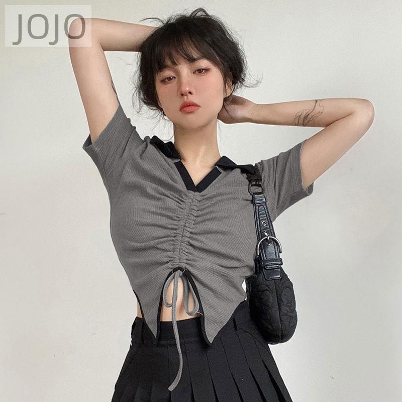 Áo Thun Tay Ngắn Cổ Chữ v Phối Dây Rút Phong Cách Retro Mỹ Màu Sắc Tương Phản Thời Trang Mùa Hè Cho Nữ
