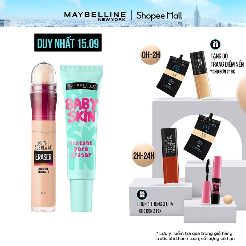 Kem lót mịn da Baby Skin Primer 22ml + Bút cushion Instant Age Rewind 6ml Maybelline New York