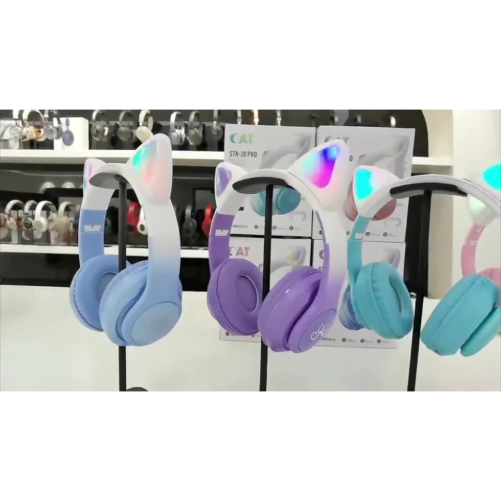 Tai Nghe Bluetooth Không Dây STN-28PRO Hình Tai Mèo Dễ Thương Có Đèn LED Và Mic
