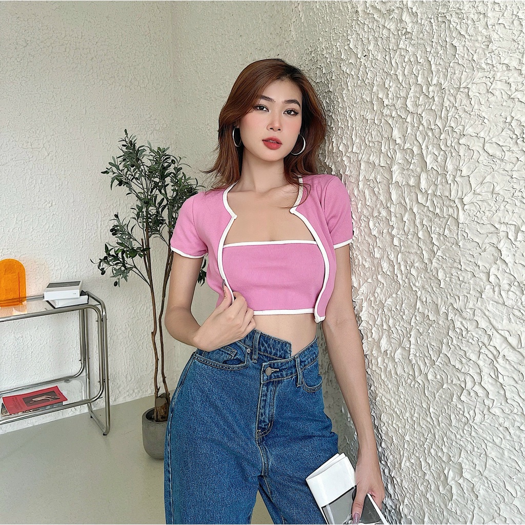 Bộ áo ống dáng croptop nữ viền màu TOPTIFY kèm khoác ngoài Tube Set AC153