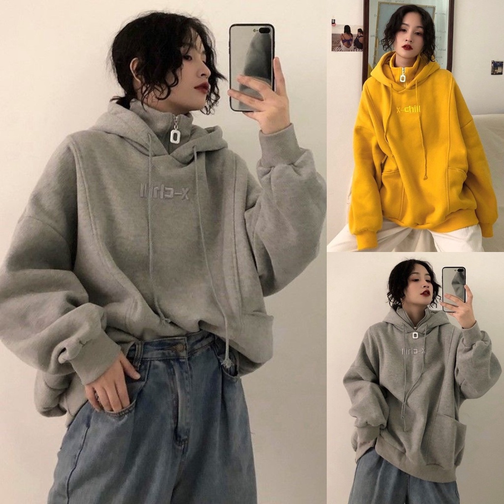 Áo Hoodie Nữ Cổ Cao Thêu Chữ Mới
