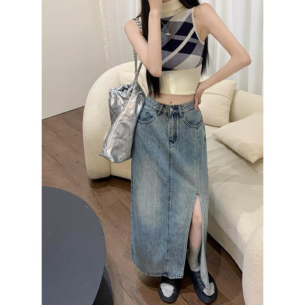 Chân Váy Denim Dài Dáng Chữ A Lưng Cao Xẻ Tà Thời Trang Mùa Hè Hàng Mới 62893