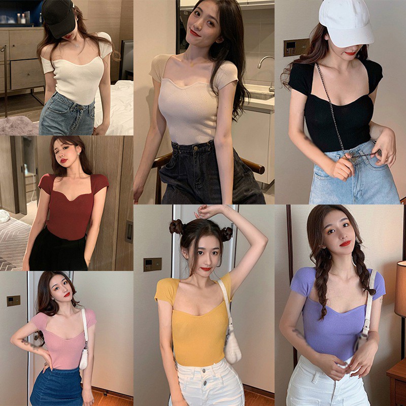 Áo Dệt Kim Tay Ngắn Cổ Vuông Màu Trơn Dáng Ôm Quyến Rũ Cho Nữ | BigBuy360 - bigbuy360.vn