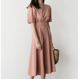 33555   Simple solid round neck short sleeves midi dress