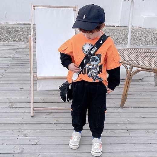 Đồ bộ bé trai, Set thu đông phi công gồm áo phông dài tay thun cotton túi hộp và quần dài jogger 3 vạch cho bé 7-18 kg