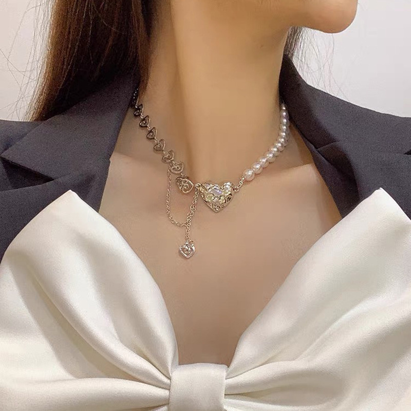 vòng cổ Mặt Trái Tim Đính Ngọc Trai Phong Cách Hip Hop Thời Trang