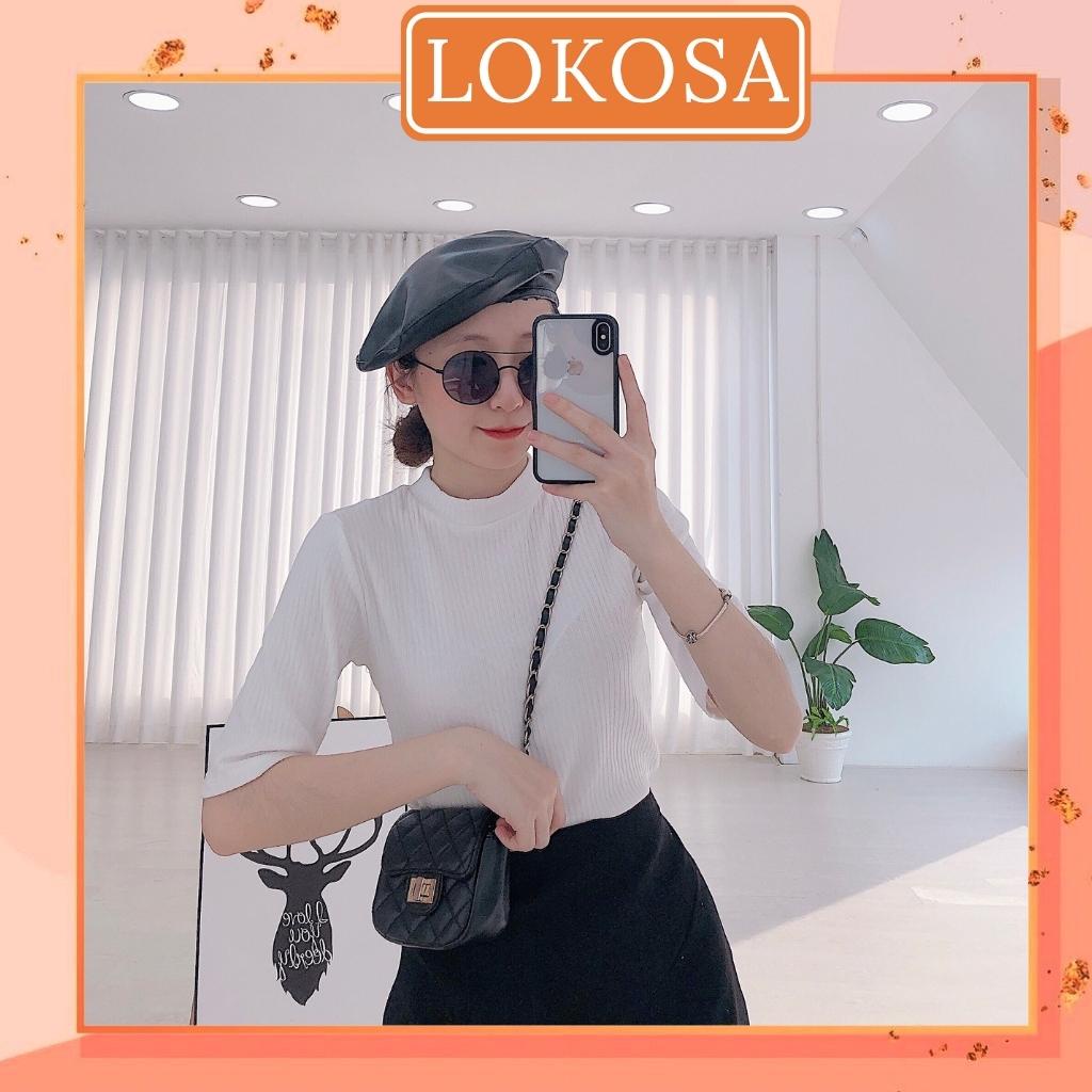 Áo Len Nữ Hàn Quốc LOKOSA Áo len tăm cộc tay nữ thiết kế cổ tròn kiểu dáng basic Hàn Quốc đẹp AO024
