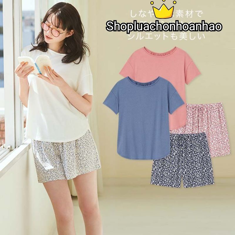 Bộ quần hoa nhí áo ngắn tay trơn nữ dòng Jersey dễ thương của UNIQLO