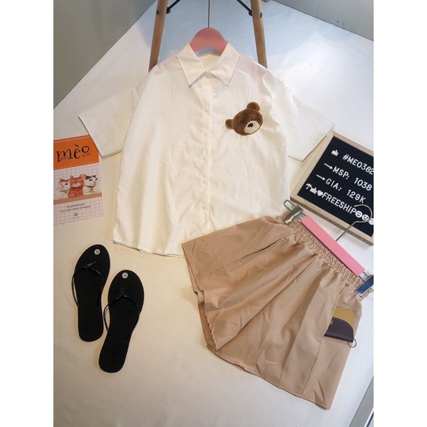 [Chuyên Sỉ] Bộ sơ mi gấu thêu nổi, quần chất kaki ống rộng có túi xéo, diện đi làm đi chơi đều sang xịn đẹp.