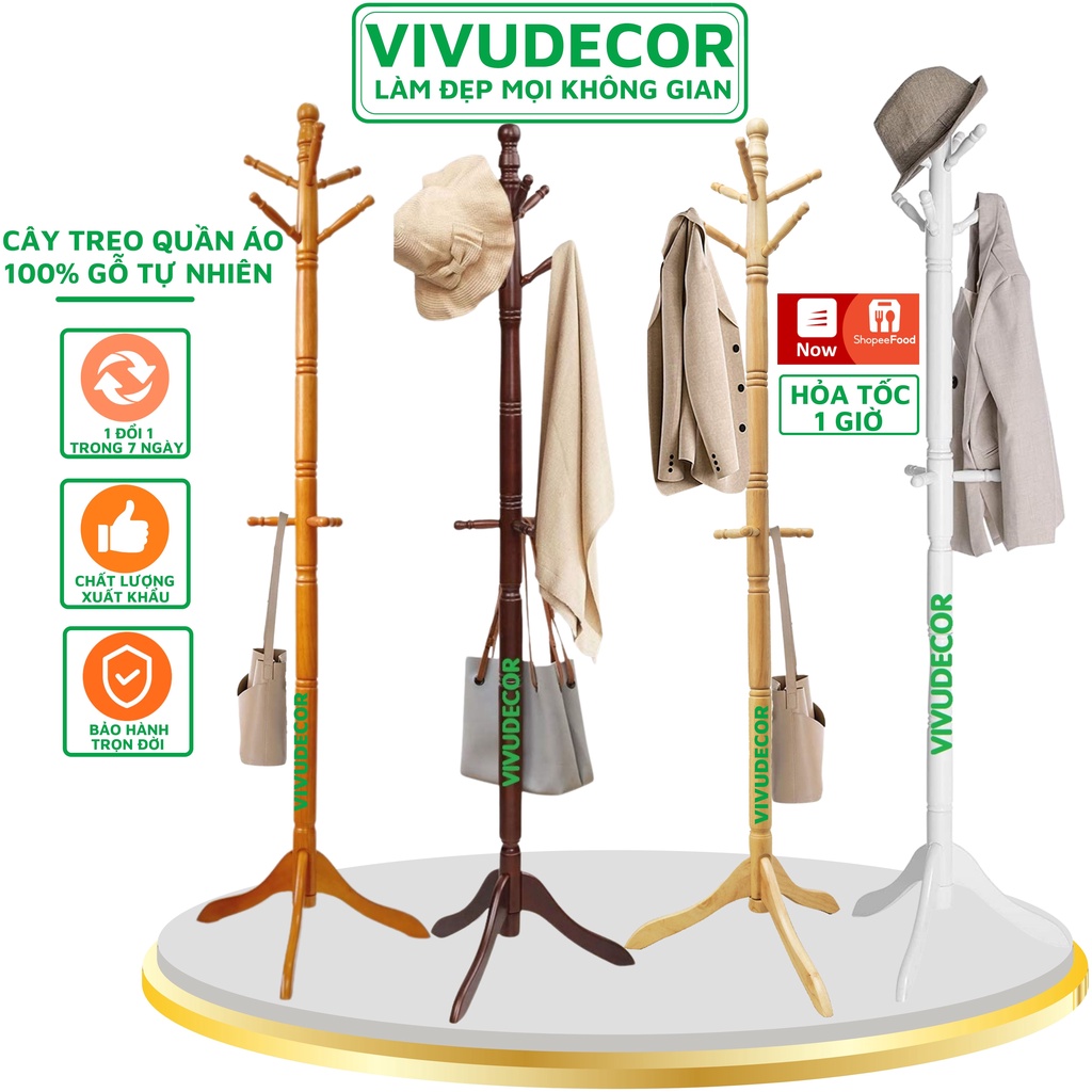 Cây Treo Quần Áo VIVUDECOR 100% Gỗ Tự Nhiên GH 9 Nhánh Chắc Chắn Lắp Ráp Dễ Dàng Đa Năng Nội Thất Phòng Ngủ