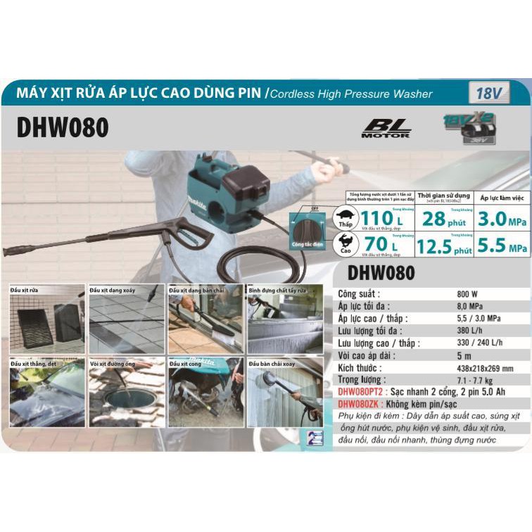 Máy xịt rửa áp lực cao dùng pin 18Vx02 36V Makita DHW080ZK | DCSG