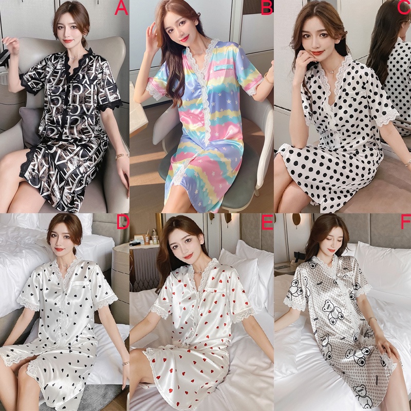 Đầm Ngủ Tay Ngắn Bằng Lụa Satin Thoải Mái Thời Trang Phong Cách Hàn Quốc Cho Nữ Size M-2XL
