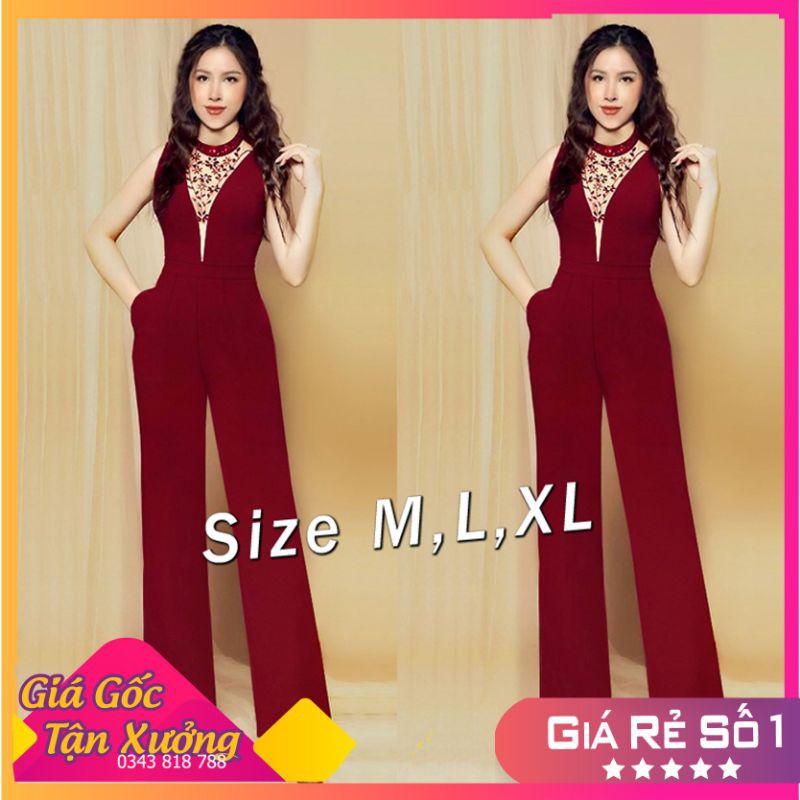 Bộ Jum Đẹp 🌸FREESHIP🌸 Jumpsuit dài ống suông cổ yếm phối lưới đính hột xinh xắn TJ1041 EV