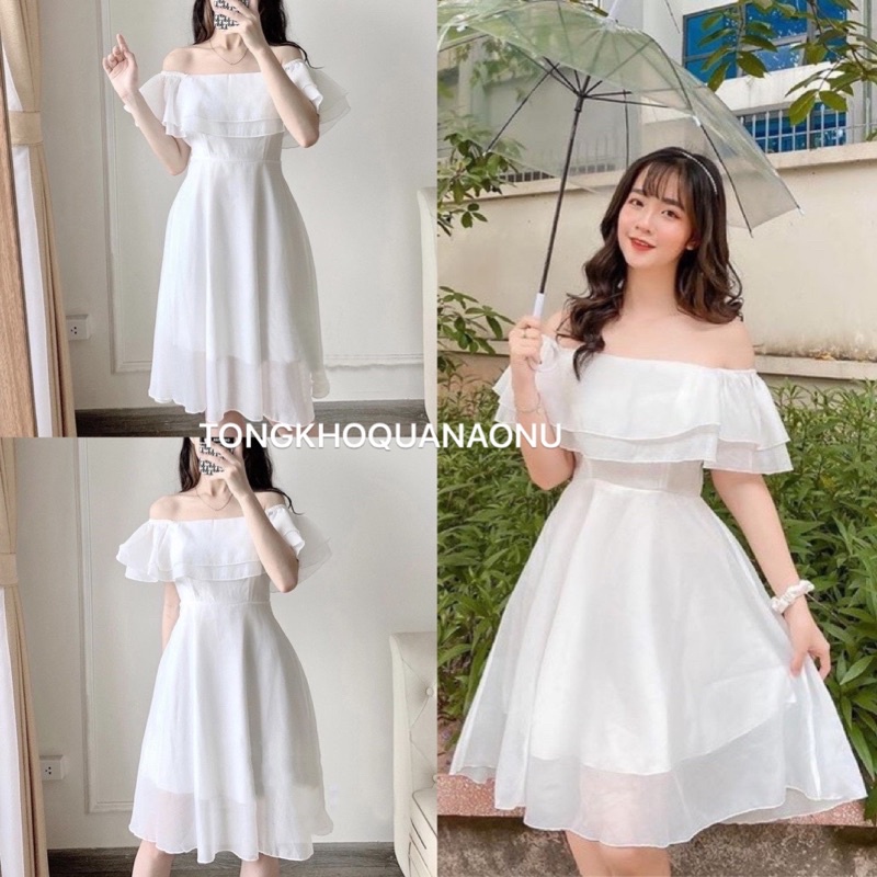Váy voan trễ vai 2 lớp dáng xoè VH49, Đầm nữ tiểu thư đự tiệc hở vai sang chảnh dễ thương kiểu dáng hàn quốc