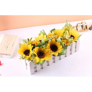 Hàng rào gỗ làm giỏ hoa hướng dương cắm sẵn trang trí bàn làm việc 16cm