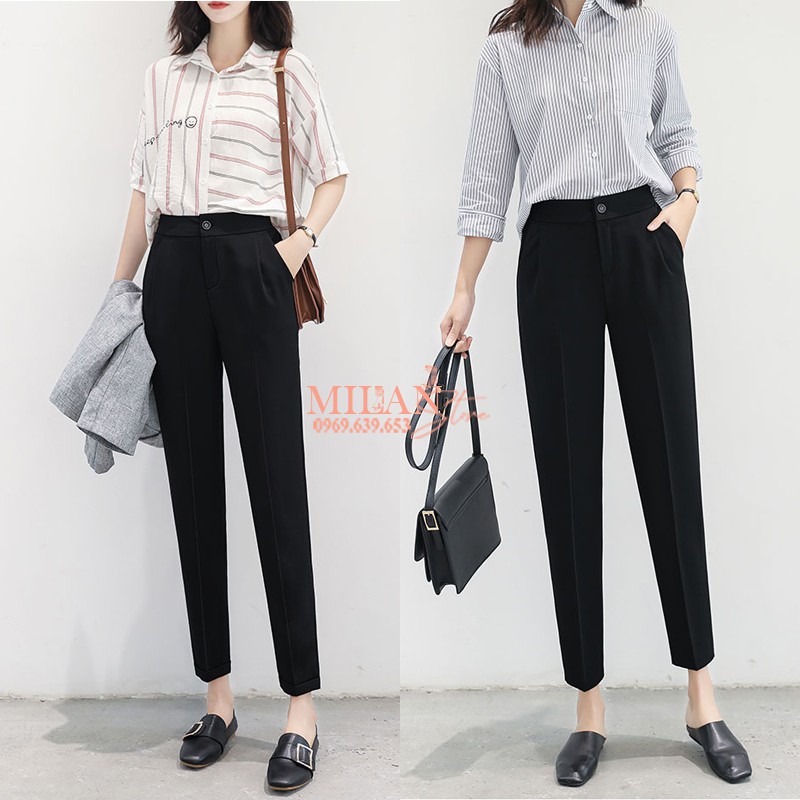 Quần tây ống đứng đi học làm công sở cho nữ cạp lưng cao - Dáng quần baggy vải Vitex màu đen dày dặn phối áo sơ mi đẹp