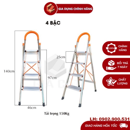 Thang Ghế Nhôm Tay Vịn 4 Bậc 1m4,Thang Nhôm Ghế Khung Inox Chắc Chắn,Bản Nhôm To - Bảo Hành Chính Hãng 12 Tháng