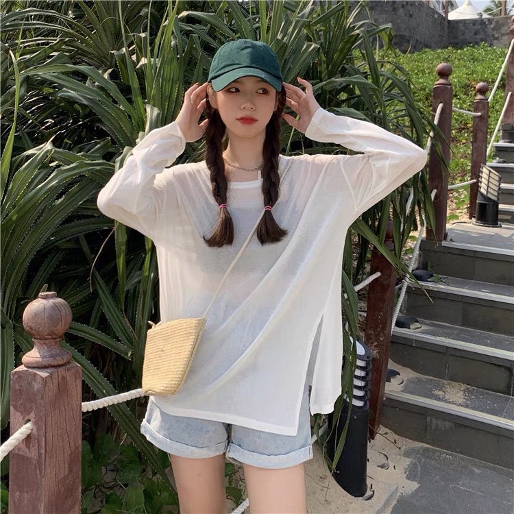 Áo Thun Tay Dài Màu Trắng Dáng Rộng Thiết Kế Xẻ Tà Thời Trang Mùa Hè Cho Nữ