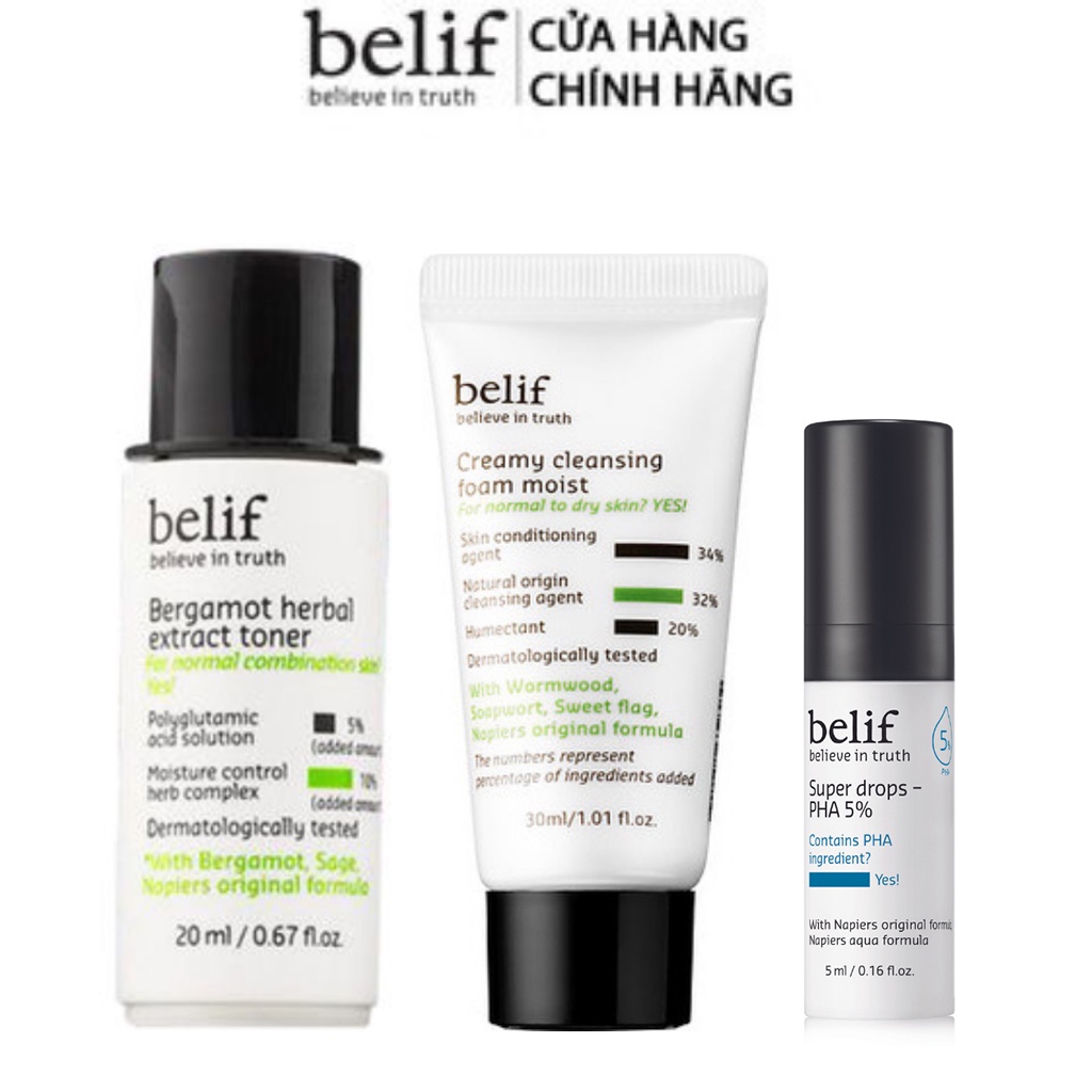 [HB Gift] Combo Sữa rửa mặt thảo dược cô đặc, Nước cân bằng dưỡng ẩm và tái tạo da và Tinh chất tẩy tế bào chết Belif