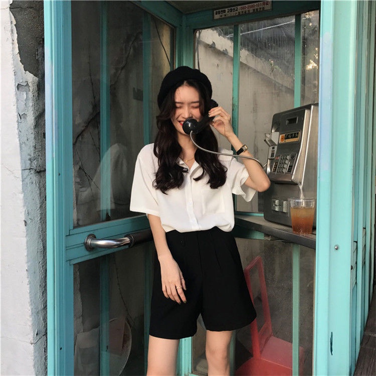 Áo sơ mi trắng nữ Thiết kế Ngắn tay Retro Form rộng Ulzzang Phong cách Hàn Quốc Sơ mi nữ Thời trang