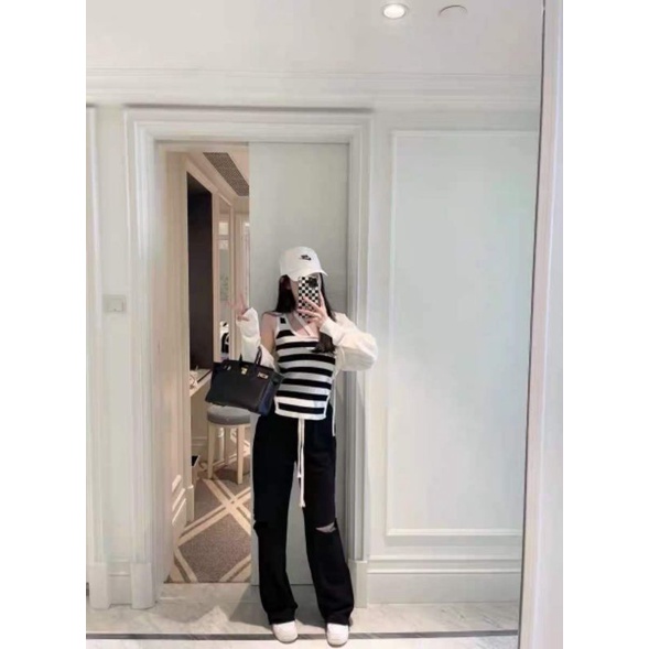 Sét áo len kẻ lệch vai mix áo khoác mỏng hàng QC